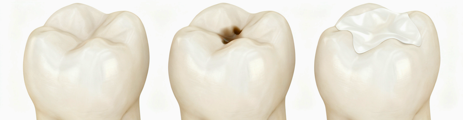 Rendering of a cavity in the middle tooth of a group of three.